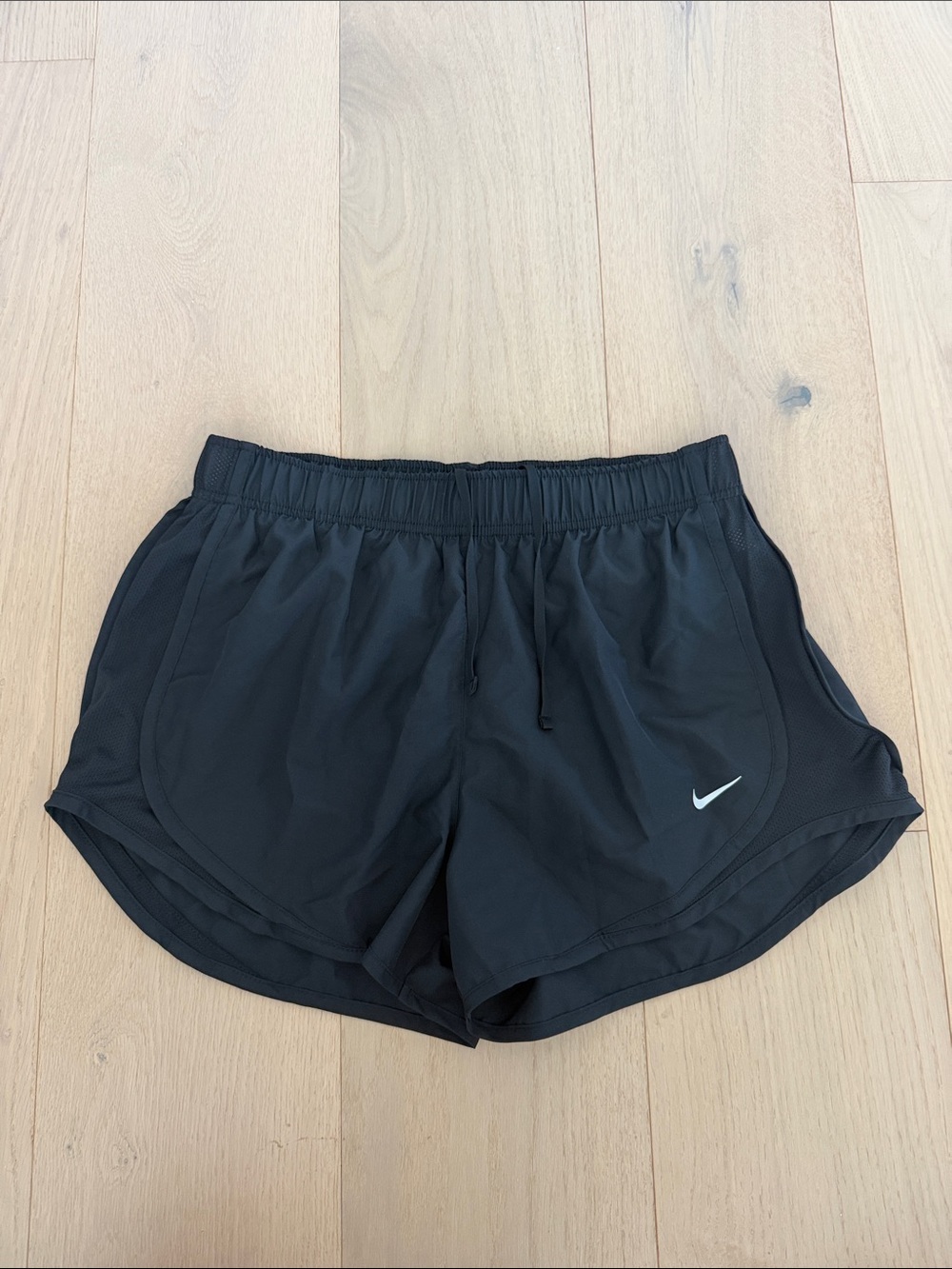 Nike Women’s Drifit Tempo Black Athletic Running Shorts with White Swoosh Medium